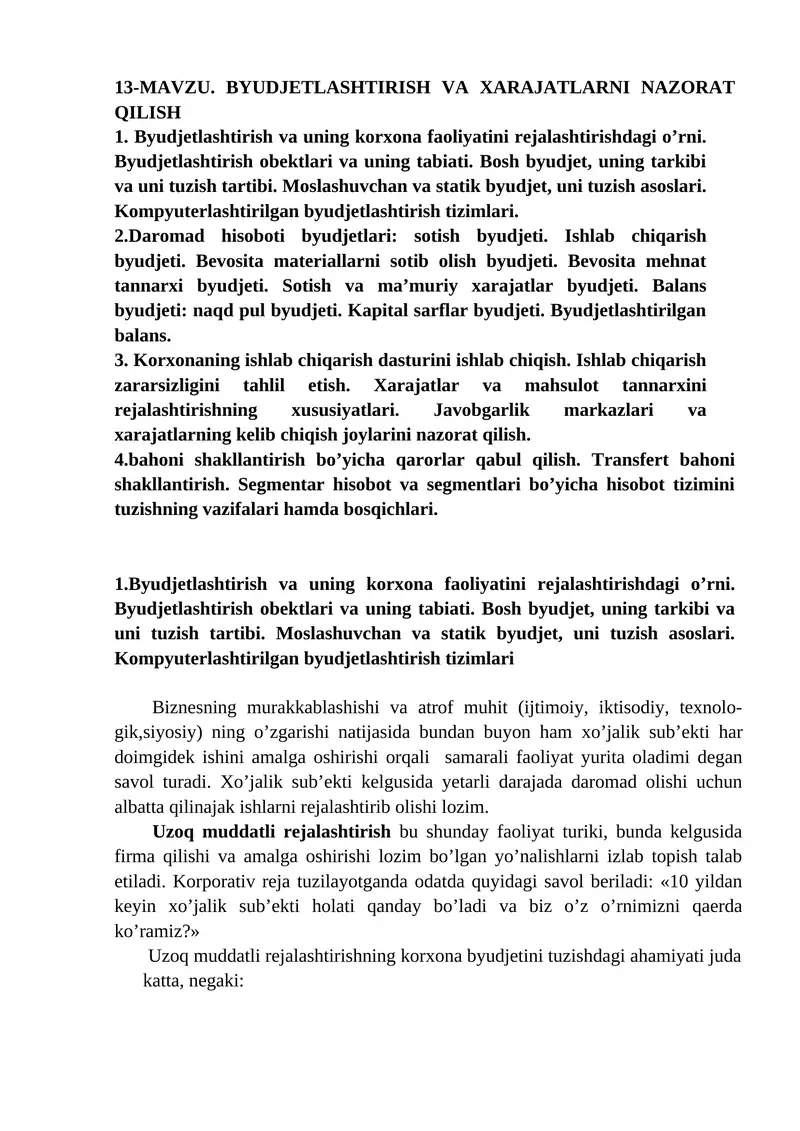 Byudjetlashtirish va xarajatlarni nazorat qilish 1
