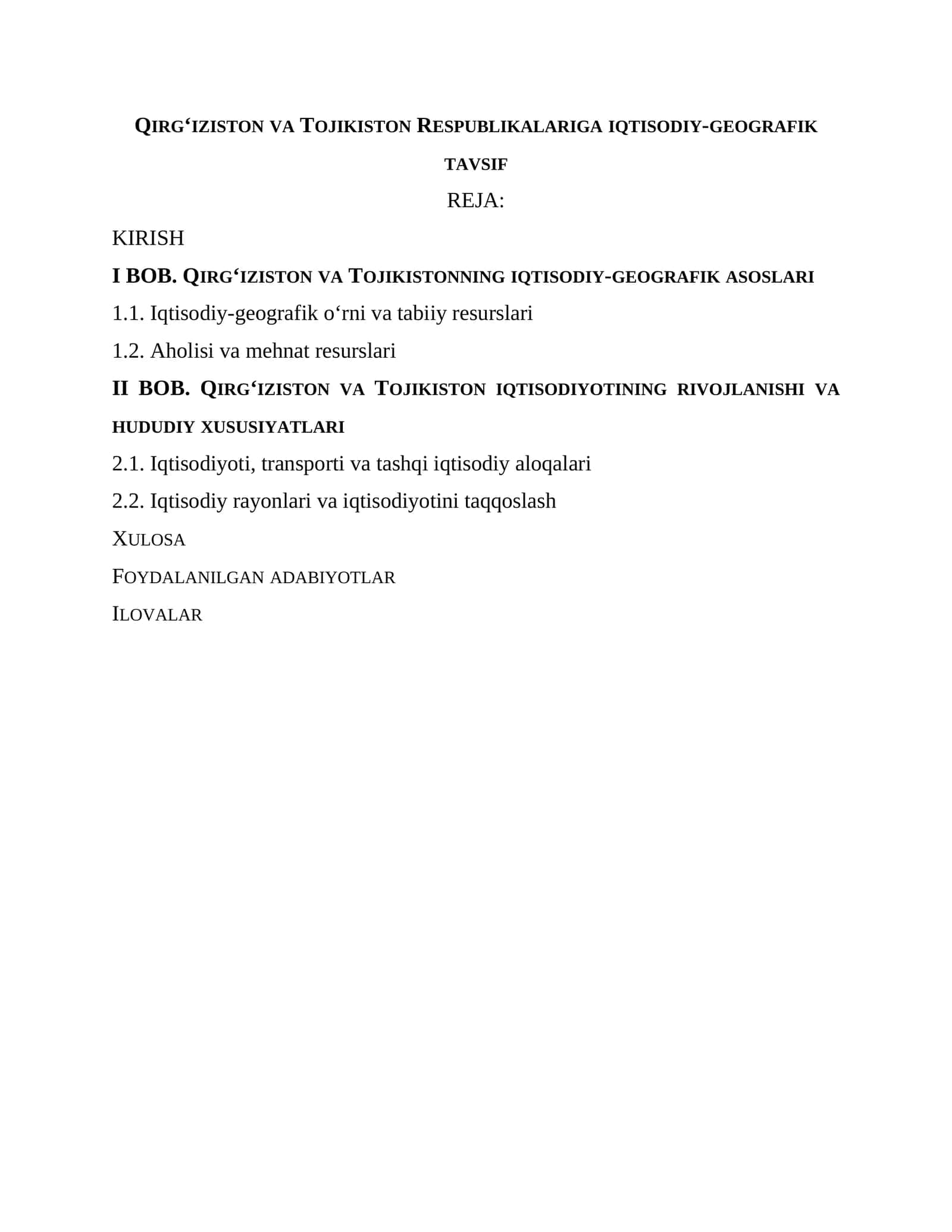 Qirgʻiziston va Tojikiston Respublikalariga iqtisodiy-geografik tavsif 1