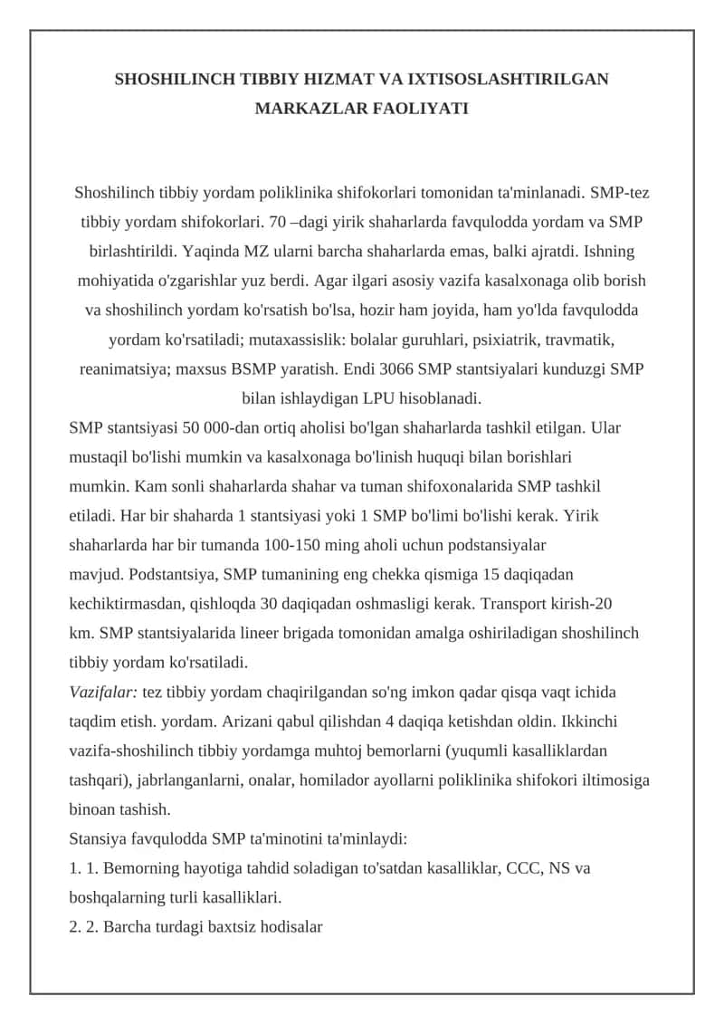 Shoshilinch Tibbiy Hizmat va Ixtisoslashtirilgan Markazlar Faoliyati 1