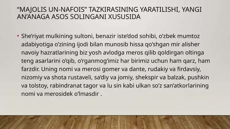 “Majolis un-nafois” tazkirasining yaratilishi, yangi an’anaga asos solingani xususida 1