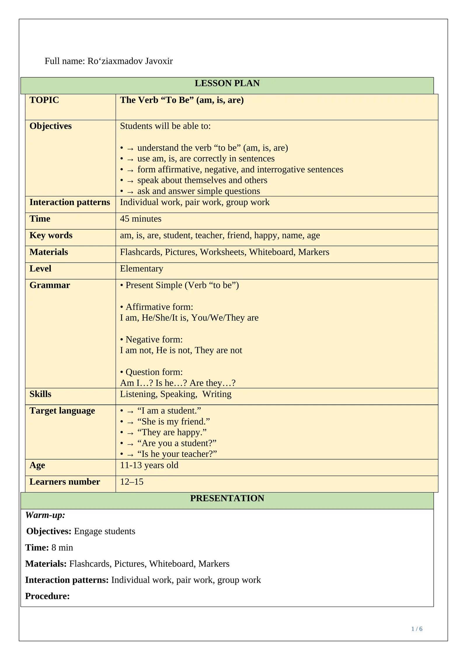 Lesson plan ESP The Verb “To Be” 1