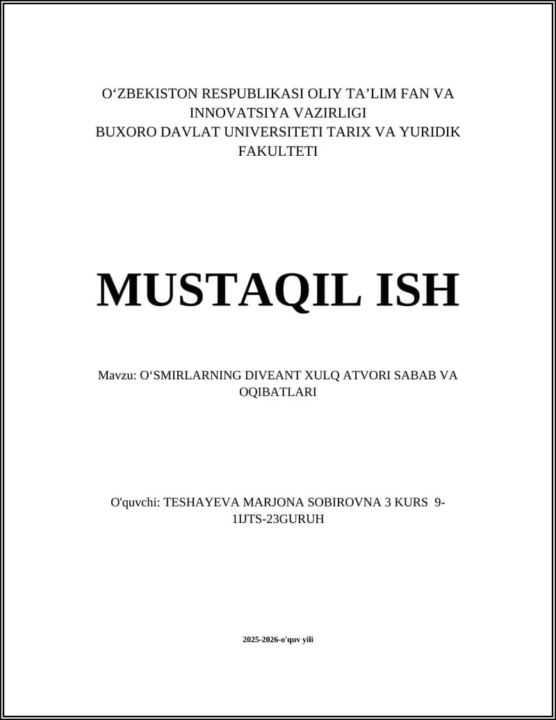 OʻSMIRLARNING DIVEANT XULQ ATVORI SABAB VA OQIBATLARI 1