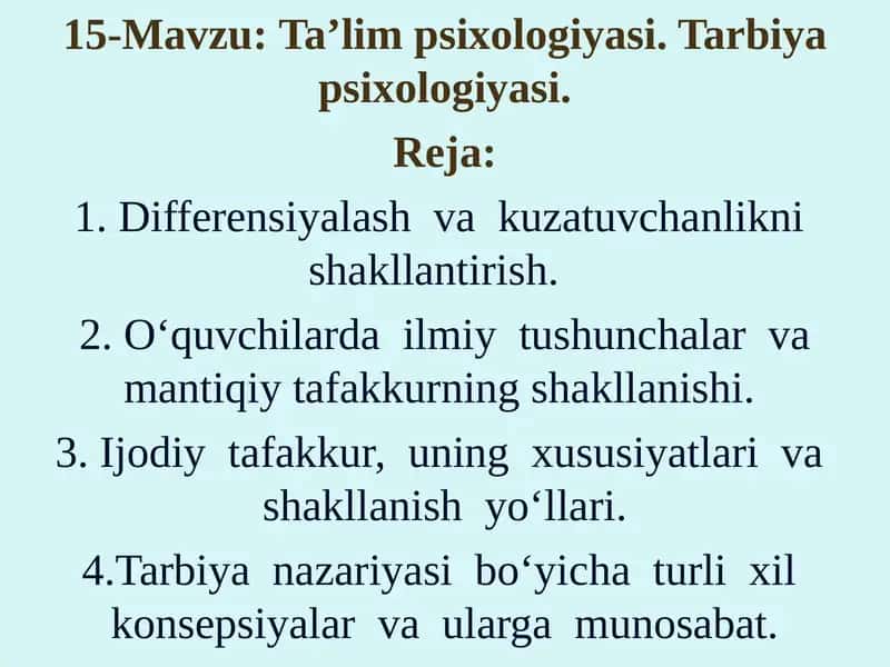 Ta’lim psixologiyasi. Tarbiya psixologiyasi 1