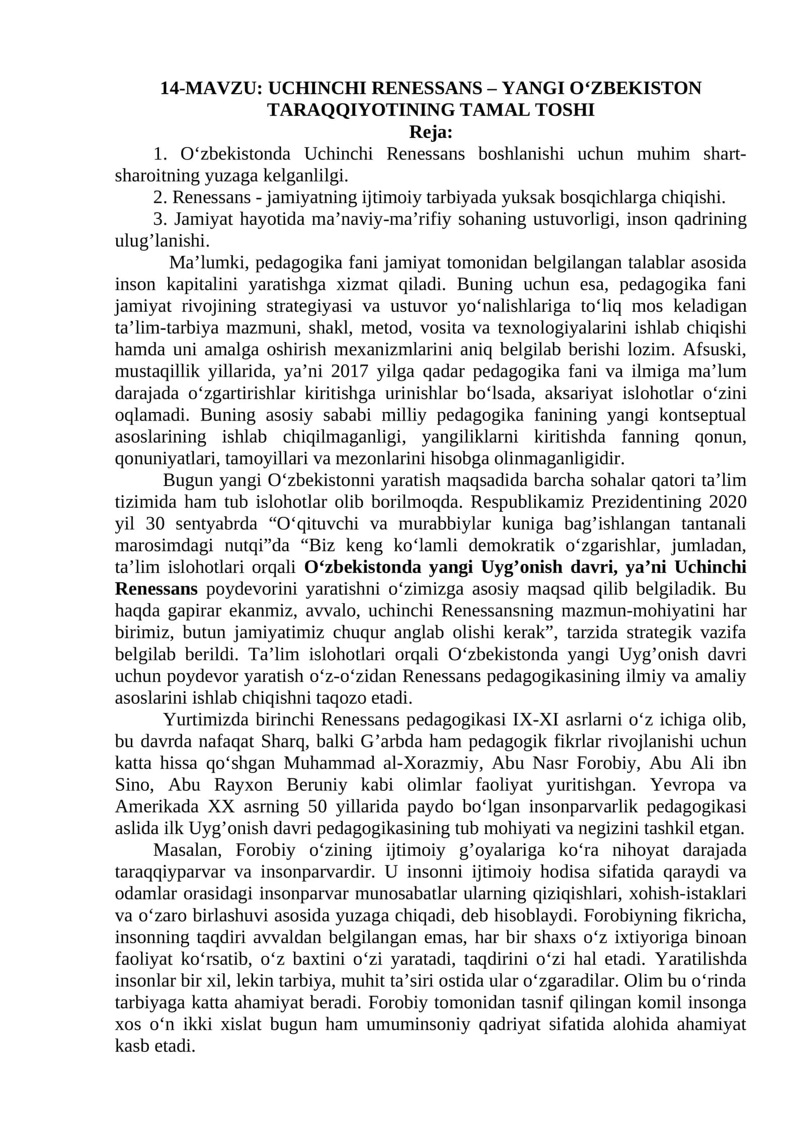 UCHINCHI RENESSANS – YANGI O‘ZBEKISTON 1