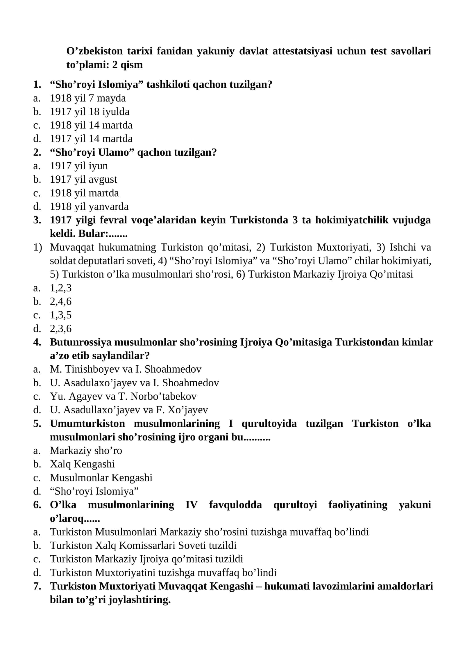 O’zbekiston tarixi fanidan yakuniy davlat attestatsiyasi uchun test savollari to’plami: 2 qism 1
