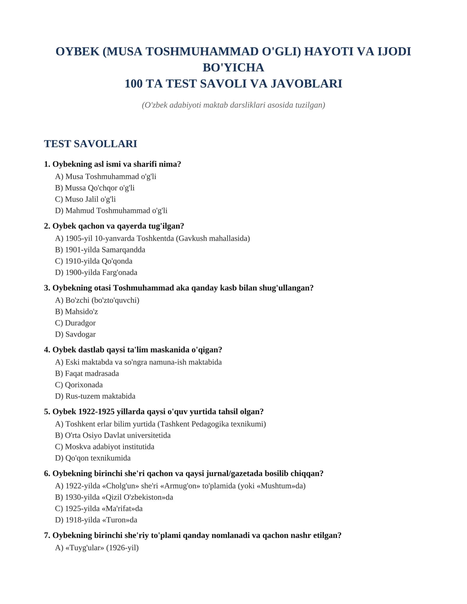 OYBEK (MUSO TOSHMUHAMMAD O'G'LI) HAYOTI VA IJODI  BO'YICHA  100 TA TEST SAVOLI VA JAVOBLARI (O'zbek adabiyoti maktab darsliklari asosida tuzilgan) 1