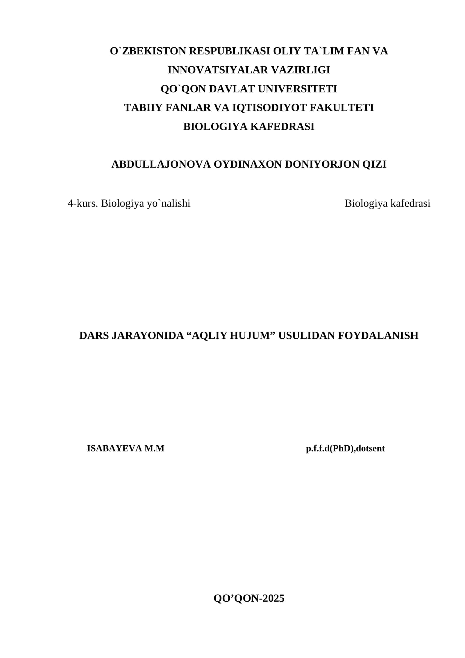 DARS JARAYONIDA “AQLIY HUJUM” USULIDAN FOYDALANISH 1