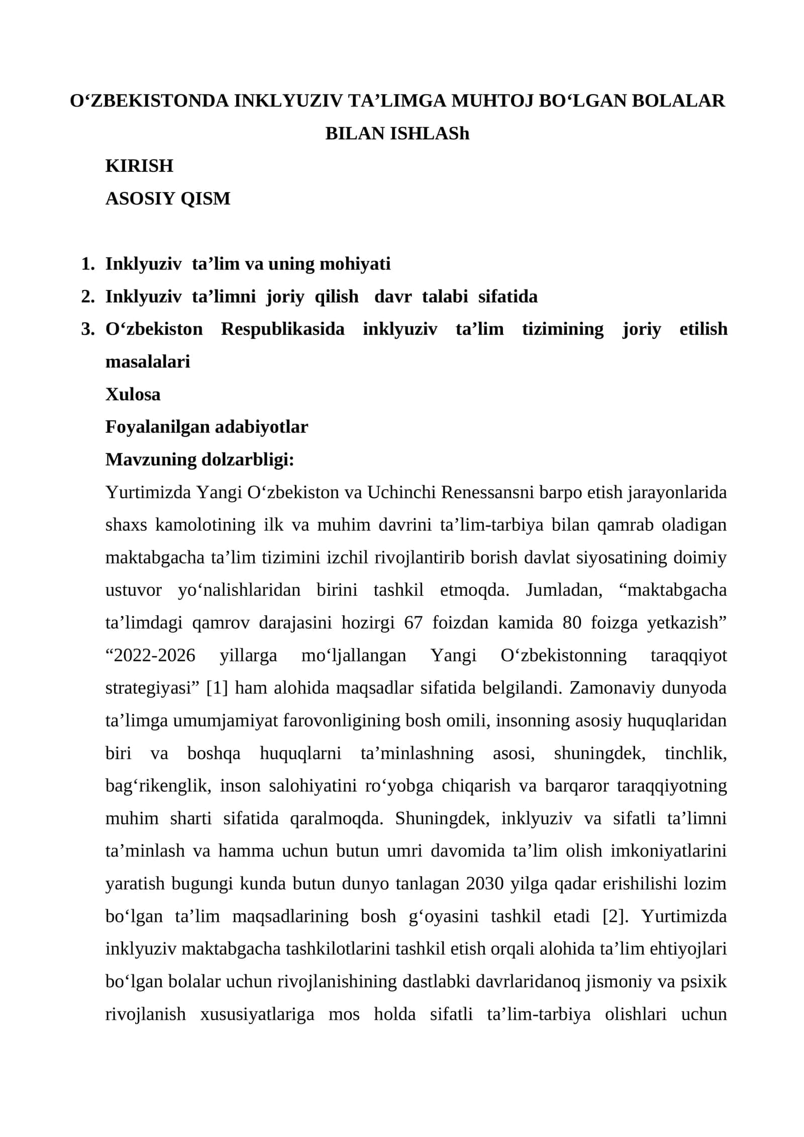 O‘ZBEKISTONDA INKLYUZIV TA’LIMGA MUHTOJ BO‘LGAN BOLALAR BILAN ISHLASh 1