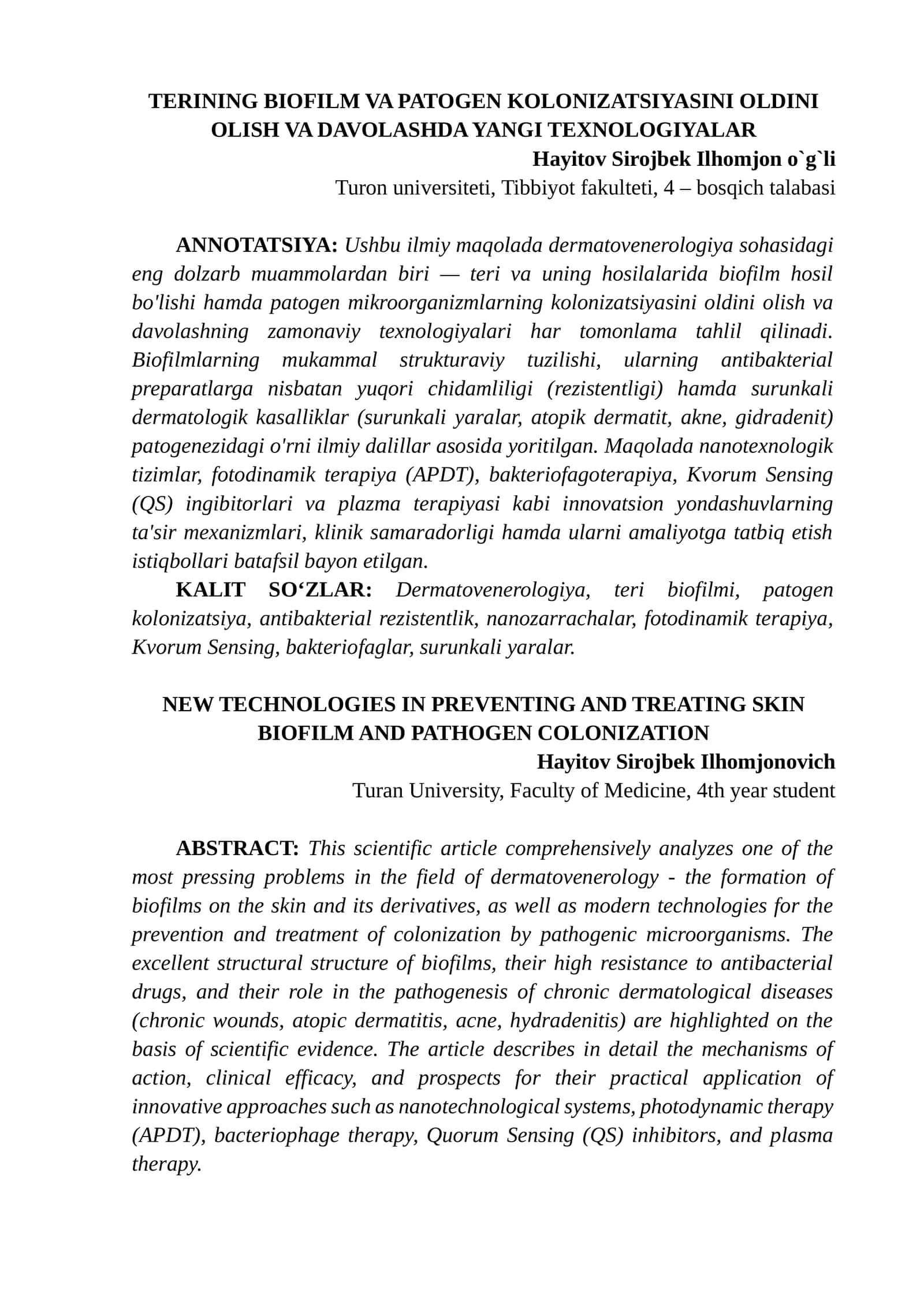TERINING BIOFILM VA PATOGEN KOLONIZATSIYASINI OLDINI OLISH VA DAVOLASHDA YANGI TEXNOLOGIYALAR 1