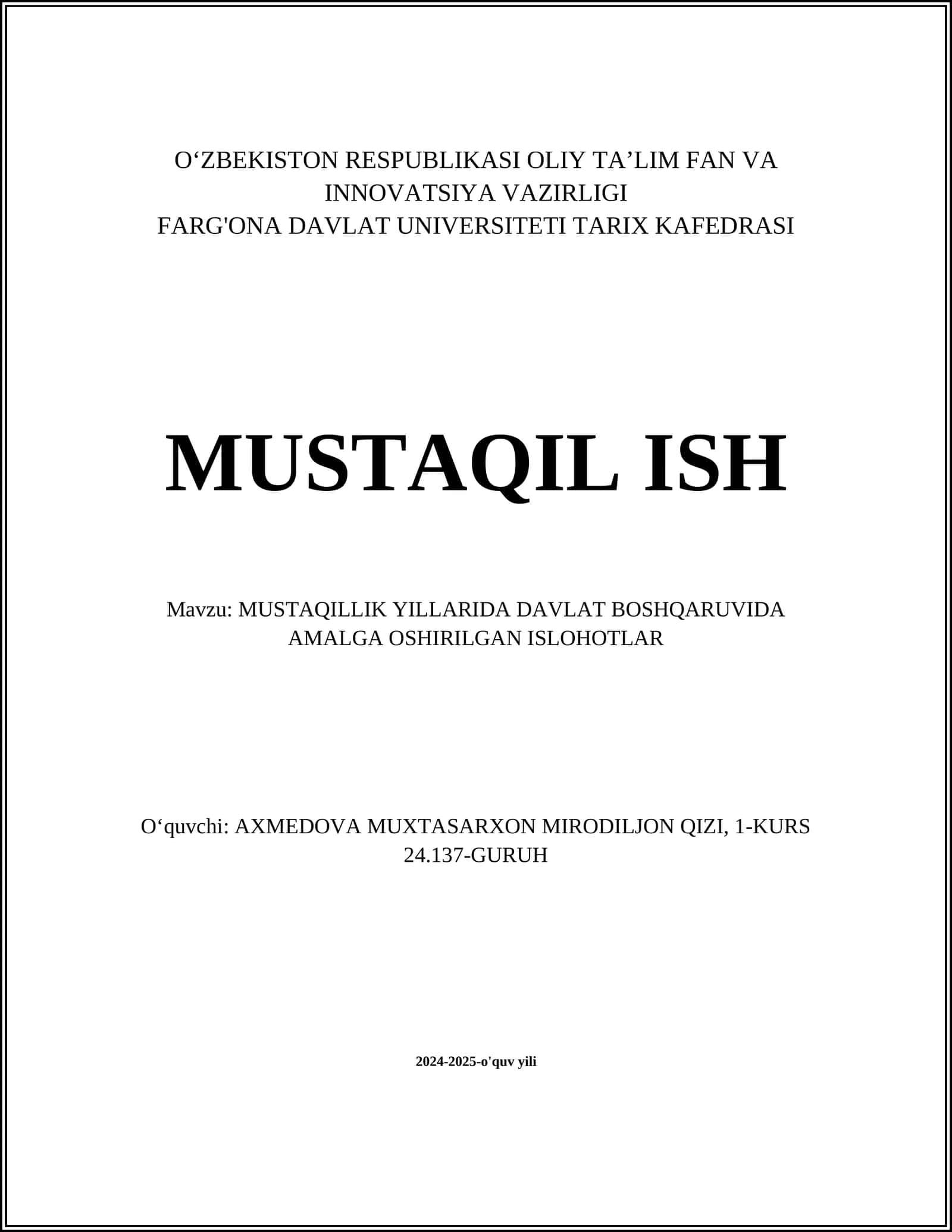 MUSTAQILLIK YILLARIDA DAVLAT BOSHQARUVIDA AMALGA OSHIRILGAN ISLOHOTLAR 1