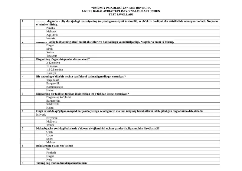 “UMUMIY PSIXOLOGIYA” FANI BO‘YICHA  1-KURS BAKALAVRIAT TA’LIM YO‘NALISHLARI UCHUN  TEST SAVOLLARI 1