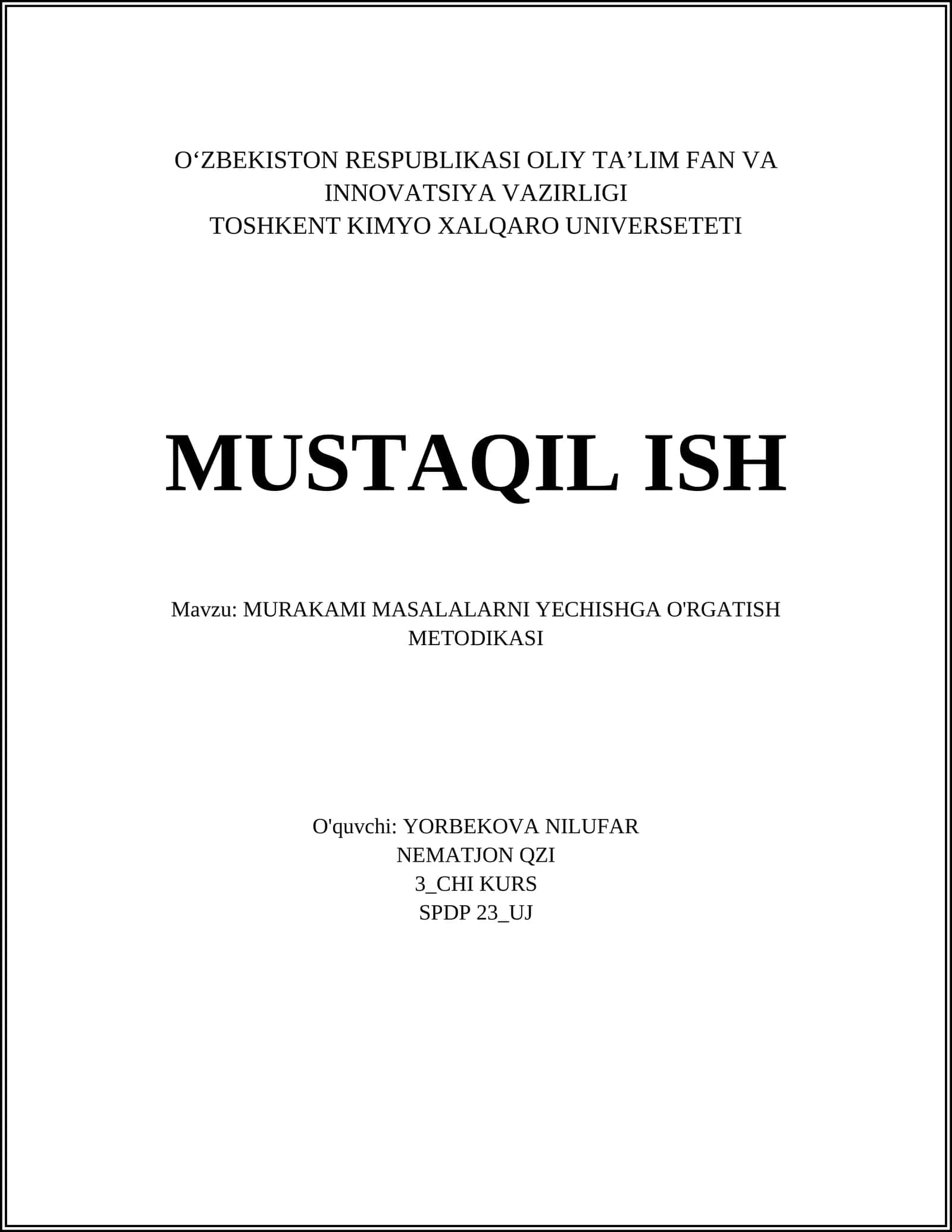 MURAKAMI MASALALARNI YECHISHGA O'RGATISH METODIKASI 1