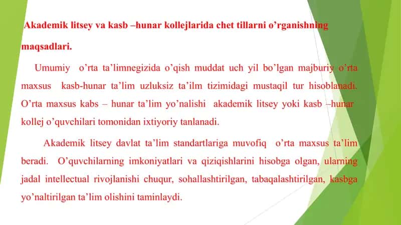 Akademik litsey va kasb –hunar kollejlarida chet tillarni o’rganishning maqsadlari 1