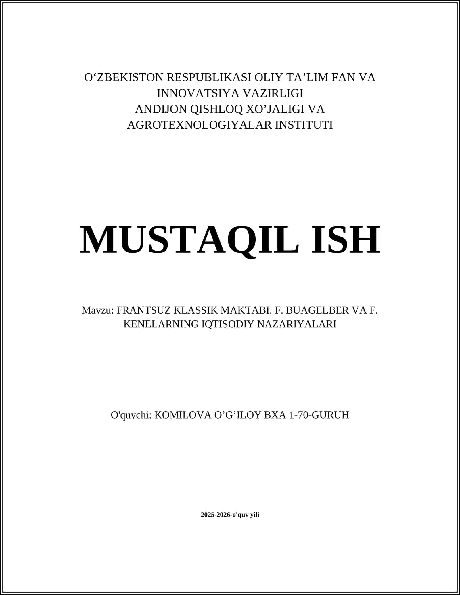 FRANTSUZ KLASSIK MAKTABI. F. BUAGELBER VA F. KENELARNING IQTISODIY NAZARIYALARI 1