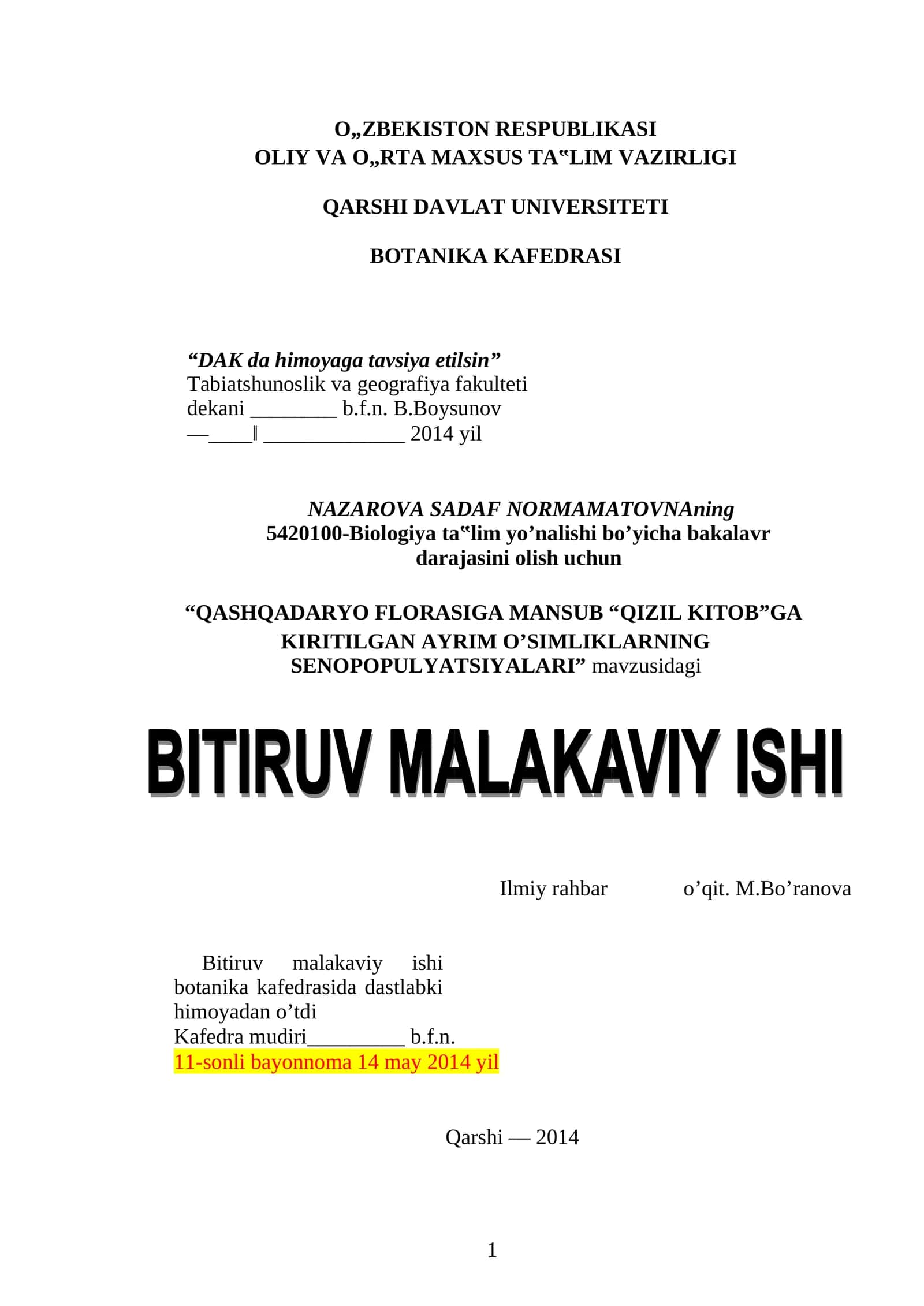 "QASHQADARYO FLORASIGA MANSUB "QIZIL KITOB"GA KIRITILGAN AYRIM O'SIMLIKLARNING SENOPOPULYATSIYALARI" 1