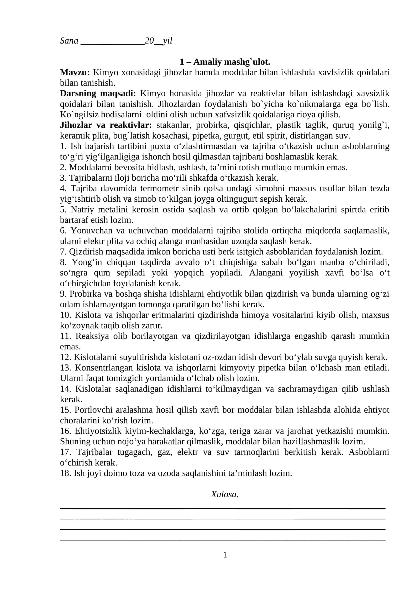 Kimyo xonasidagi jihozlar va moddalar bilan ishlash xavfsizligi 1