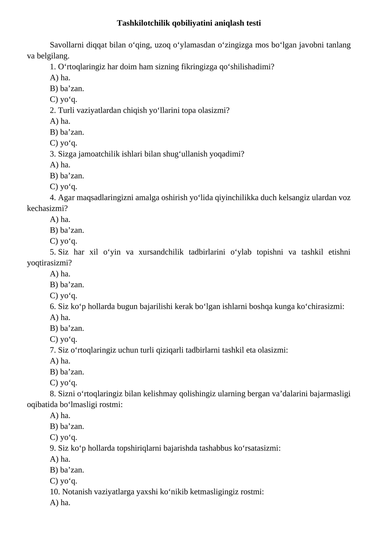 Tashkilotchilik qobiliyatini aniqlash testi 1