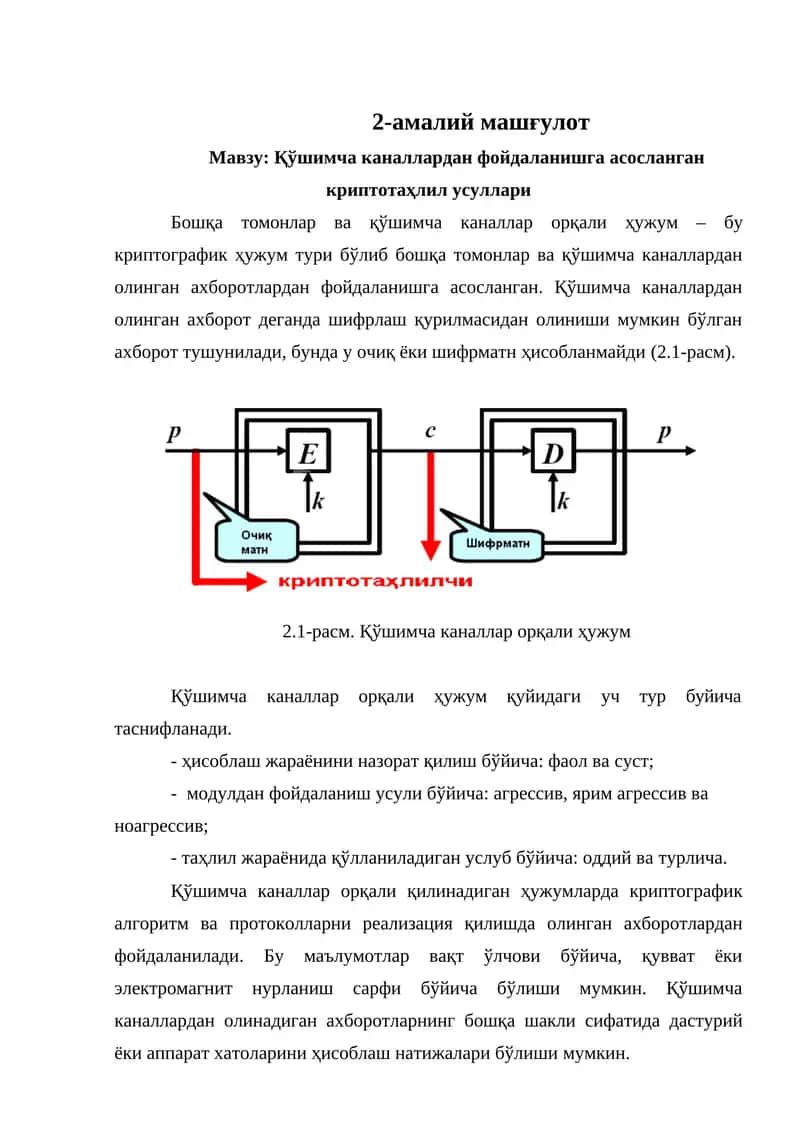 Қўшимча каналлардан фойдаланишга асосланган криптотаҳлил усуллари 1