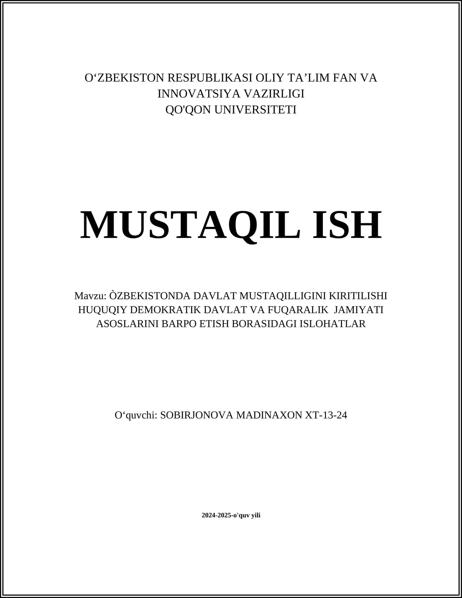 ÒZBEKISTONDA DAVLAT MUSTAQILLIGINI KIRITILISHI HUQUQIY DEMOKRATIK DAVLAT VA FUQARALIK JAMIYATI ASOSLARINI BARPO ETISH BORASIDAGI ISLOHATLAR 1