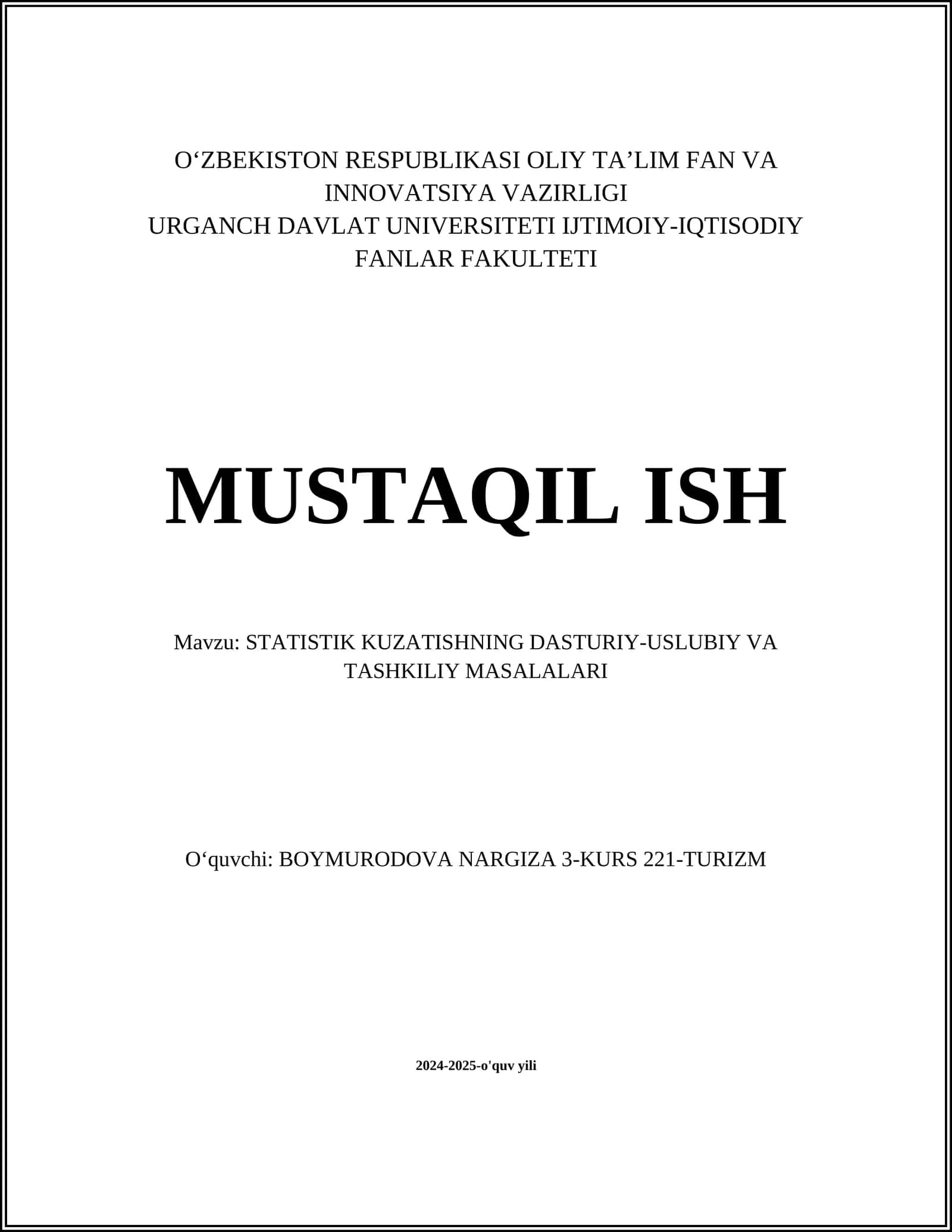 STATISTIK KUZATISHNING DASTURIY-USLUBIY VA TASHKILIY MASALALARI 1