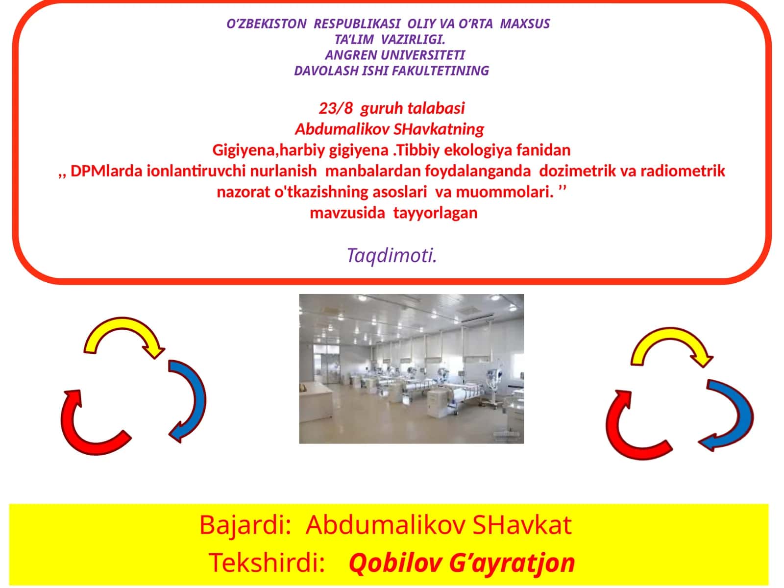 AbdumalikovSHavkatning Gigiyena,harbiygigiyena.Tibbiyekologiyafanidan,,DPMlardaionlantiruvchinurlanishmanbalardanfoydalangandadozimetrikvaradiometriknazorato'tkazishningasoslarivamuommolari 1