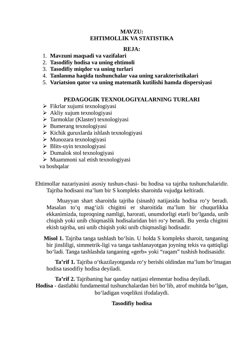 EHTIMOLLIK VA STATISTIKA 1