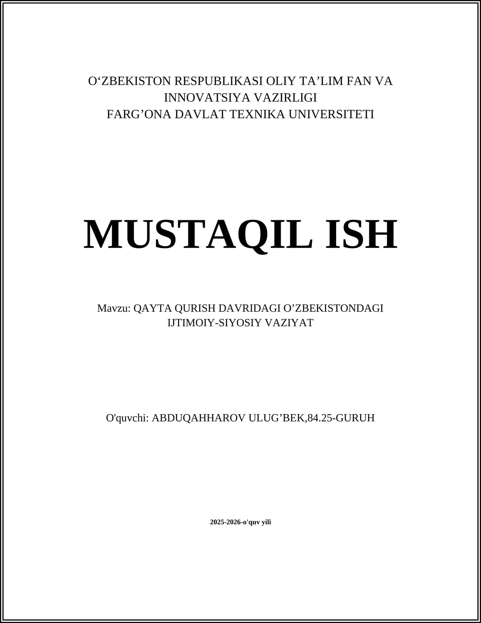 QAYTA QURISH DAVRIDAGI O’ZBEKISTONDAGI IJTIMOIY-SIYOSIY VAZIYAT 1