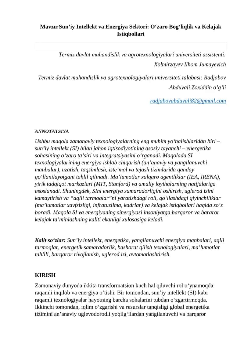 Sunʼiy Intellekt va Energiya Sektori: Oʻzaro Bogʻliqlik va Kelajak Istiqbollari 1