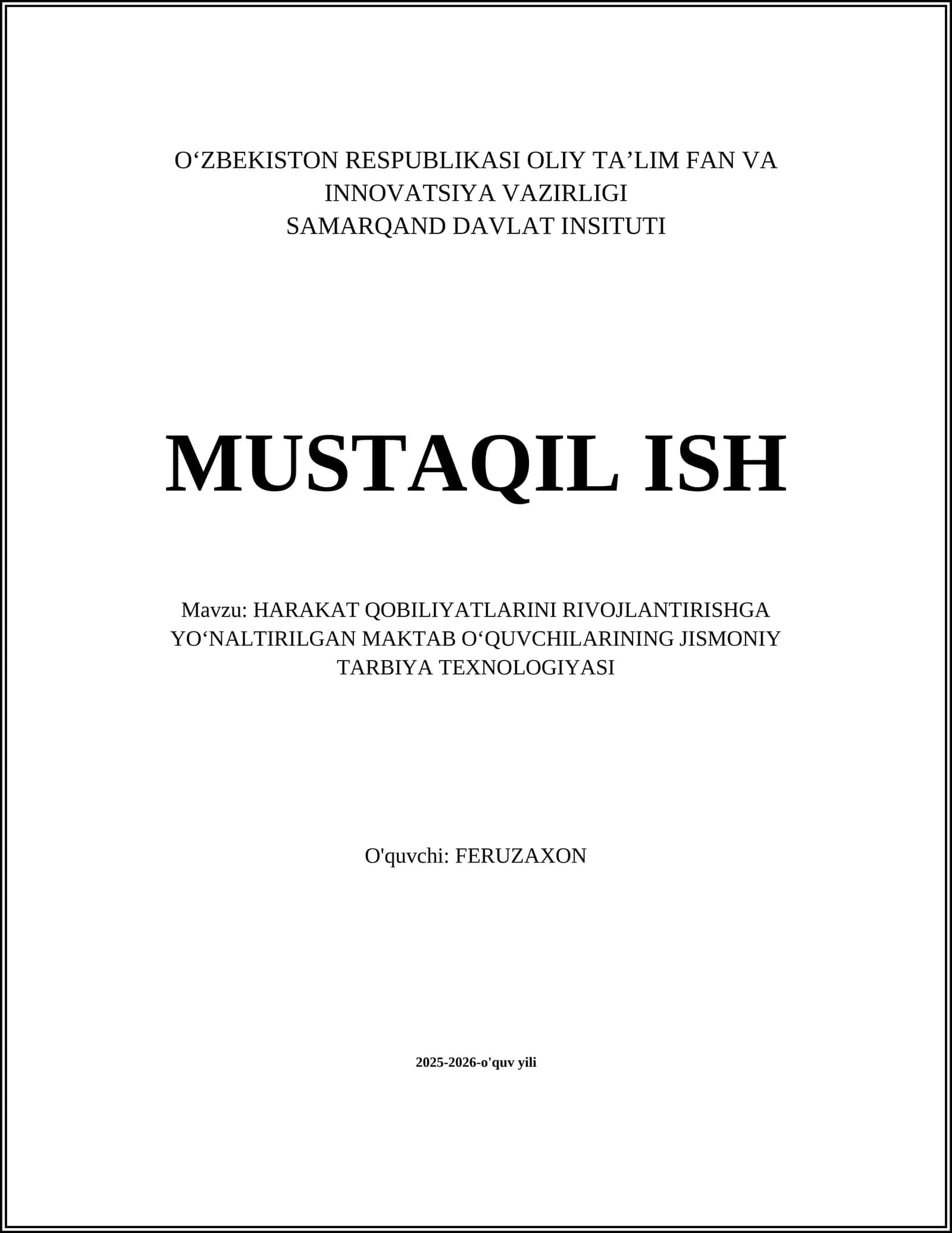 HARAKAT QOBILIYATLARINI RIVOJLANTIRISHGA YOʻNALTIRILGAN MAKTAB OʻQUVCHILARINING JISMONIY TARBIYA TEXNOLOGIYASI 1