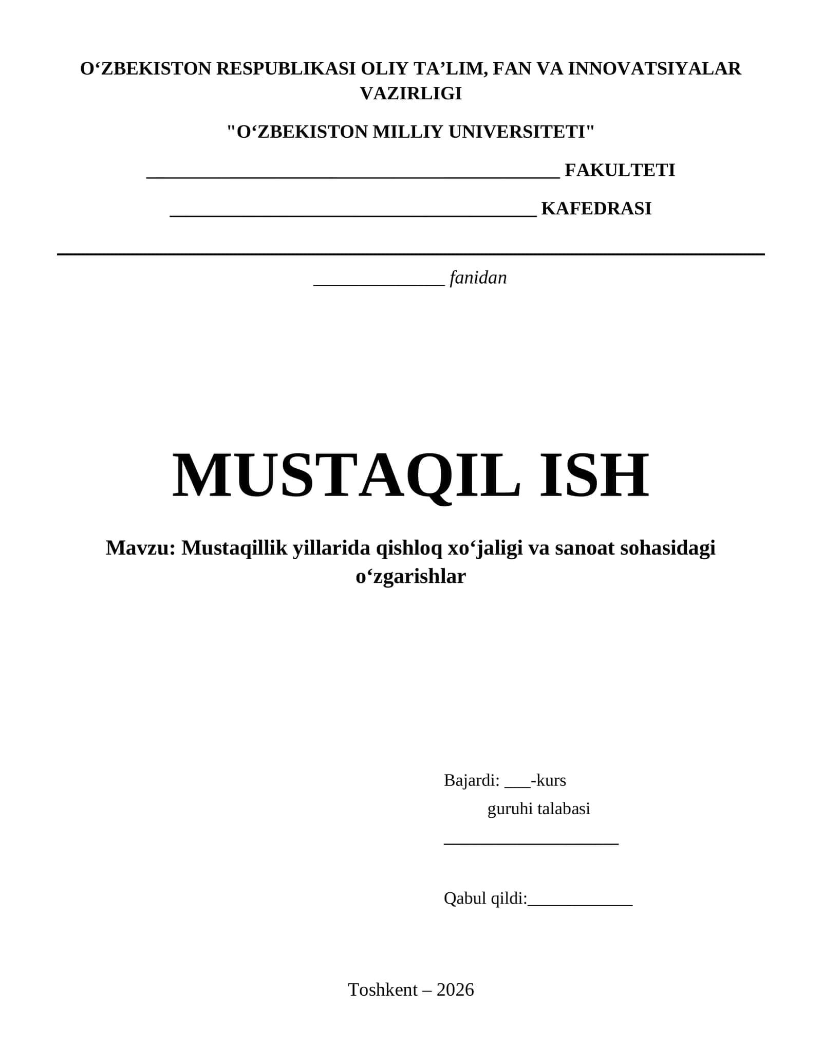 MUSTAQILLIK YILLARIDA QISHLOQ XOʻJALIGI VA SANOAT SOHASIDAGI OʻZGARISHLAR 2026 YIL 1