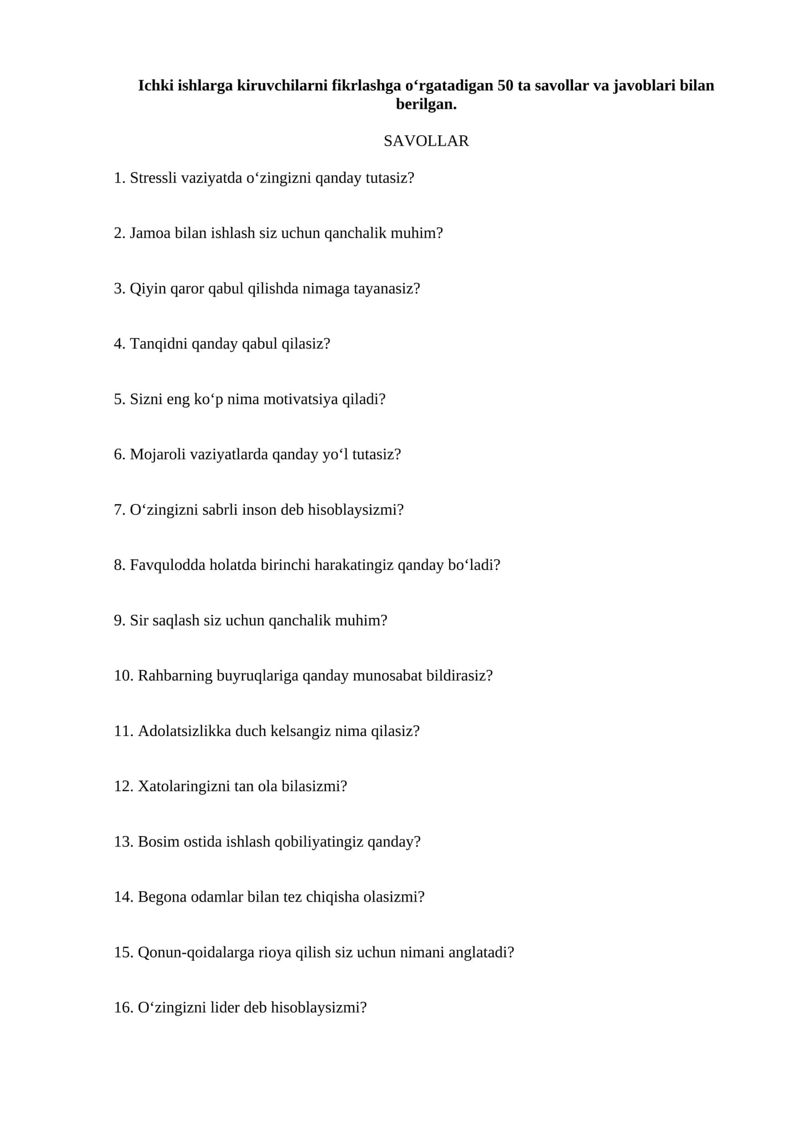 Ichki ishlarga kiruvchilarni fikrlashga o‘rgatadigan 50 ta savollar va javoblari bilan berilgan 1
