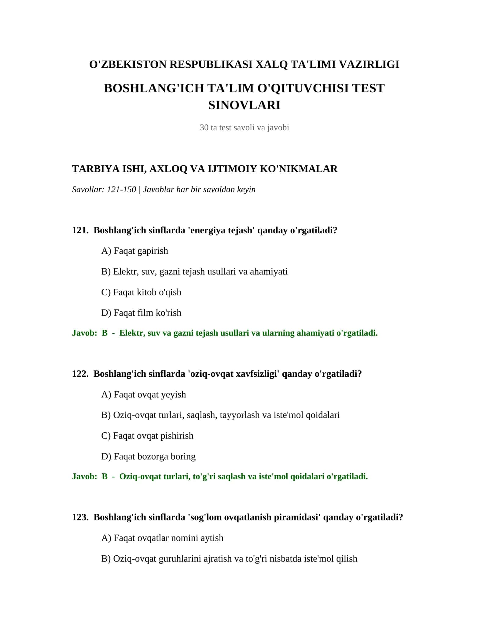 BOSHLANG'ICH TA'LIM O'QITUVCHISI TEST SINOVLARI 1