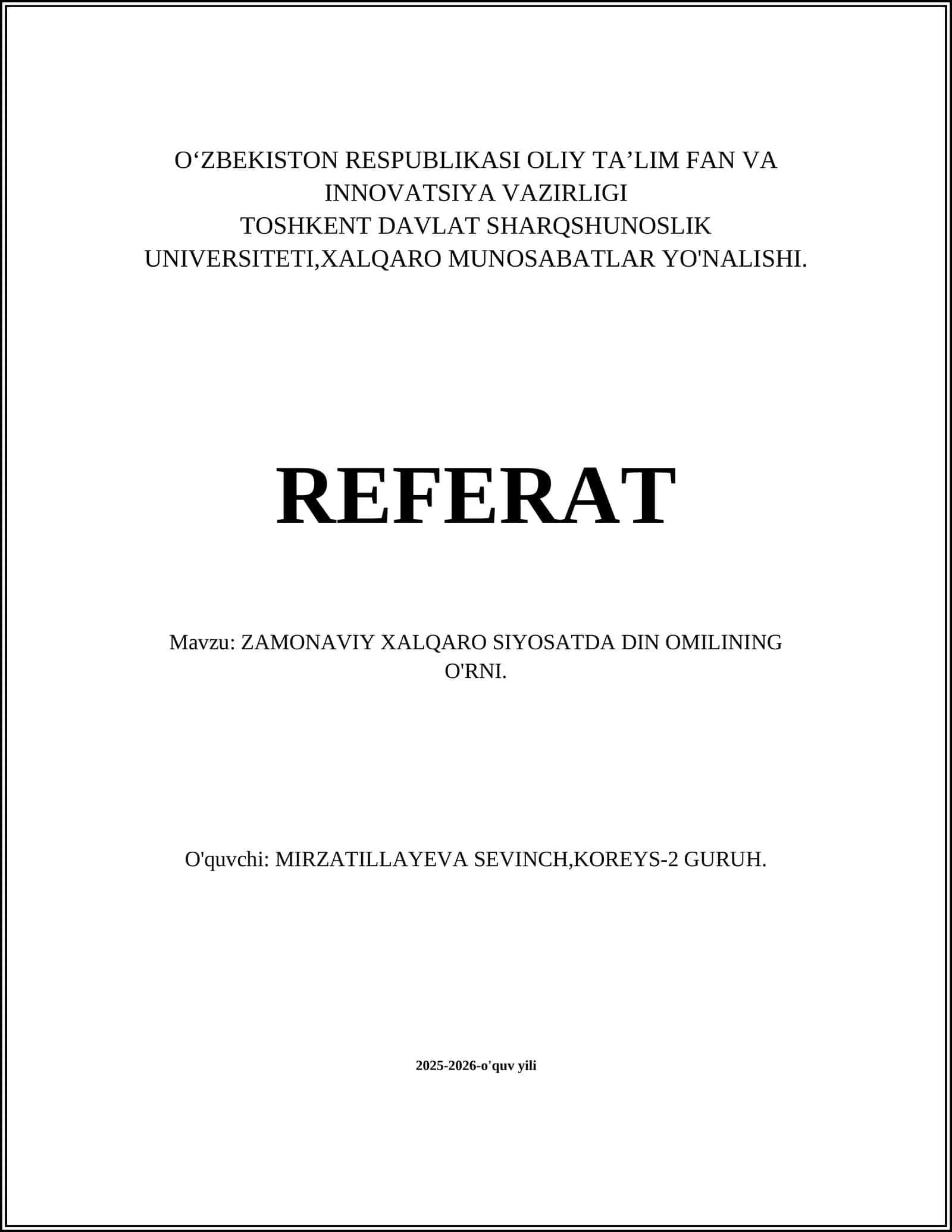 ZAMONAVIY XALQARO SIYOSATDA DIN OMILINING O'RNI 1