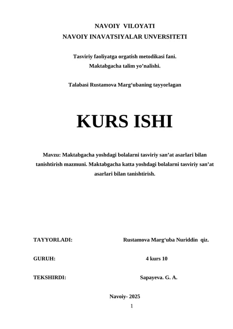 Maktabgacha yoshdagi bolalarni tasviriy san’at asarlari bilan tanishtirish mazmuni. Maktabgacha katta yoshdagi bolalarni tasviriy san’at asarlari bilan tanishtirish. 1