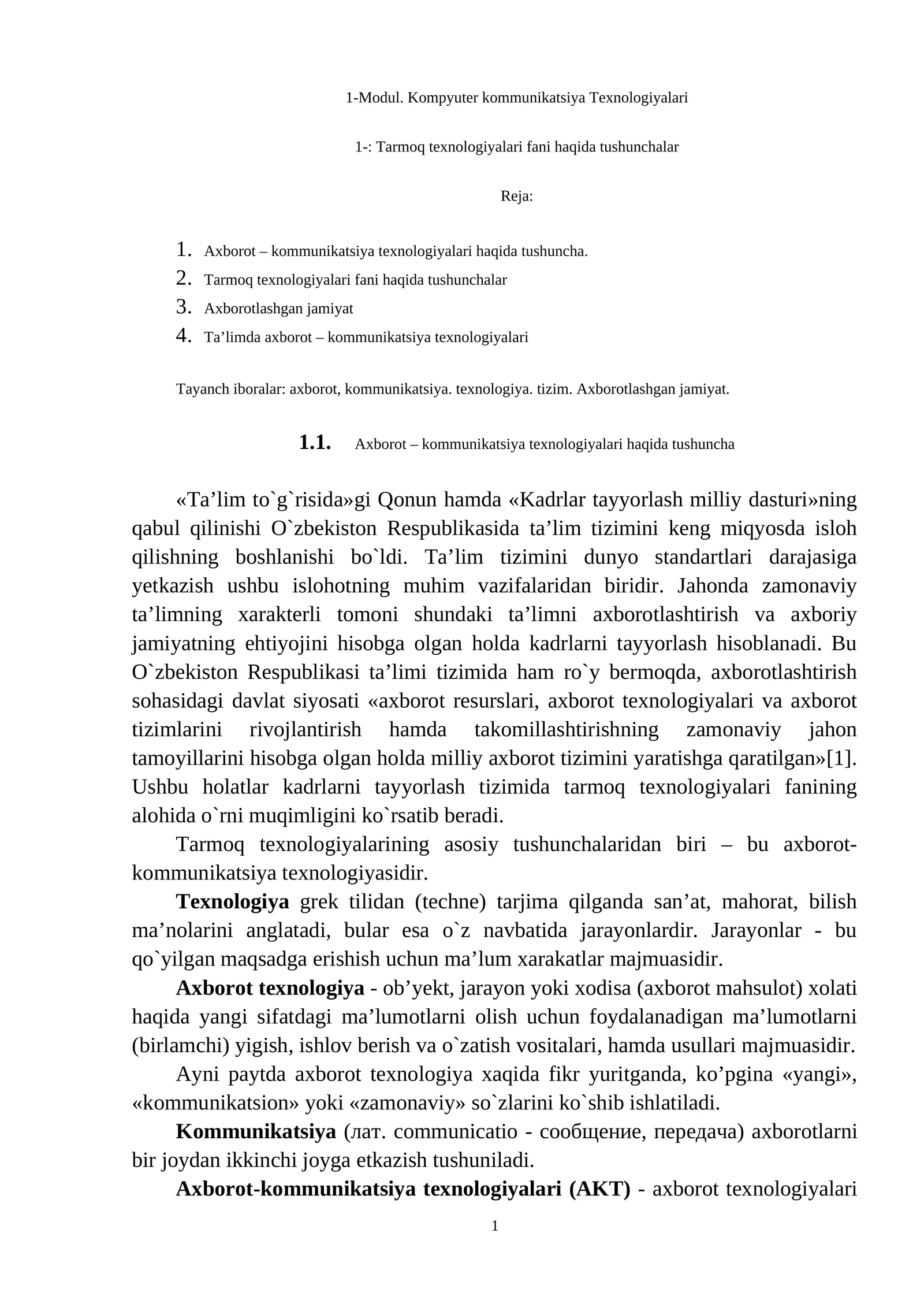 Modul. Kompyuter kommunikatsiya Texnologiyalari 1