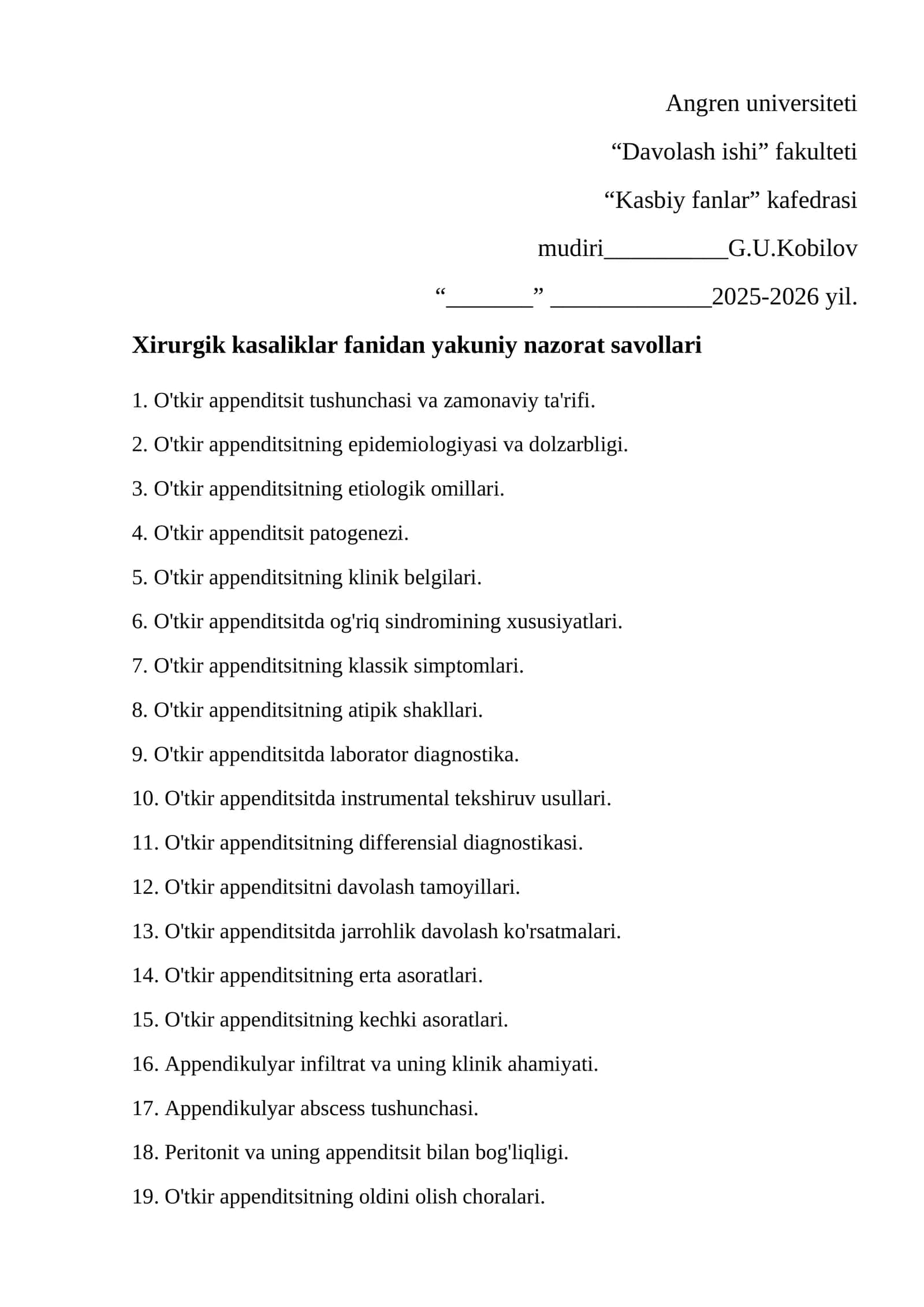 Xirurgik kasaliklar fanidan yakuniy nazorat savollari 1