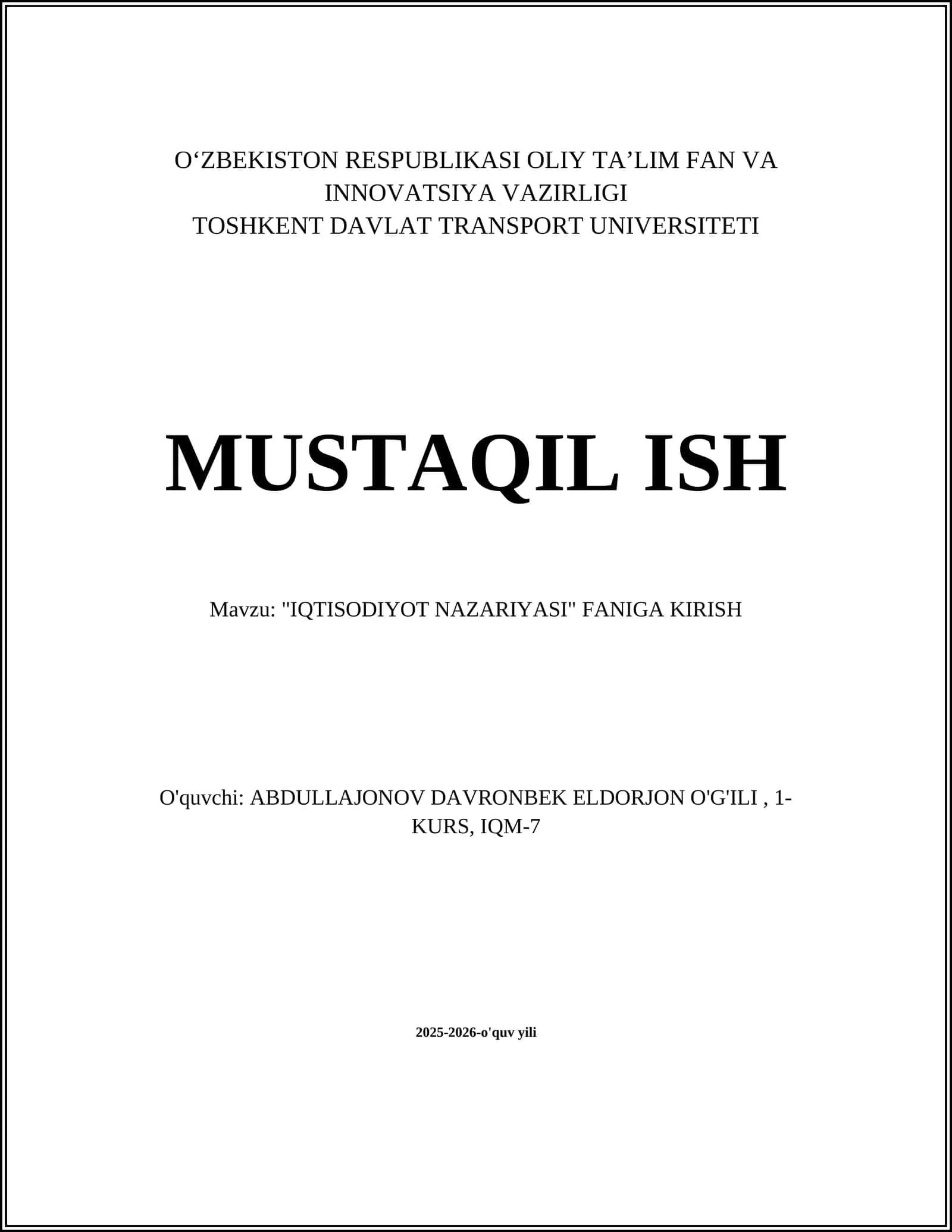 "IQTISODIYOT NAZARIYASI" FANIGA KIRISH 1