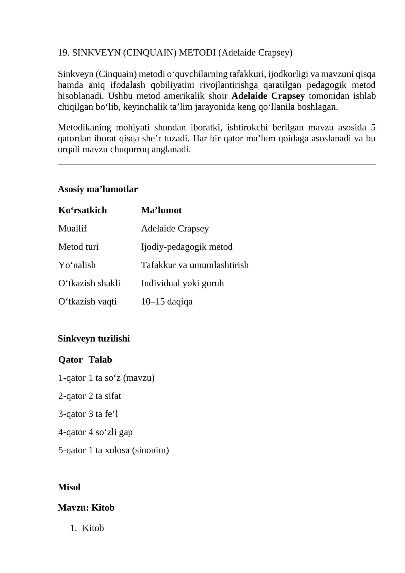 SINKVEYN (CINQUAIN) METODI (Adelaide Crapsey) 1