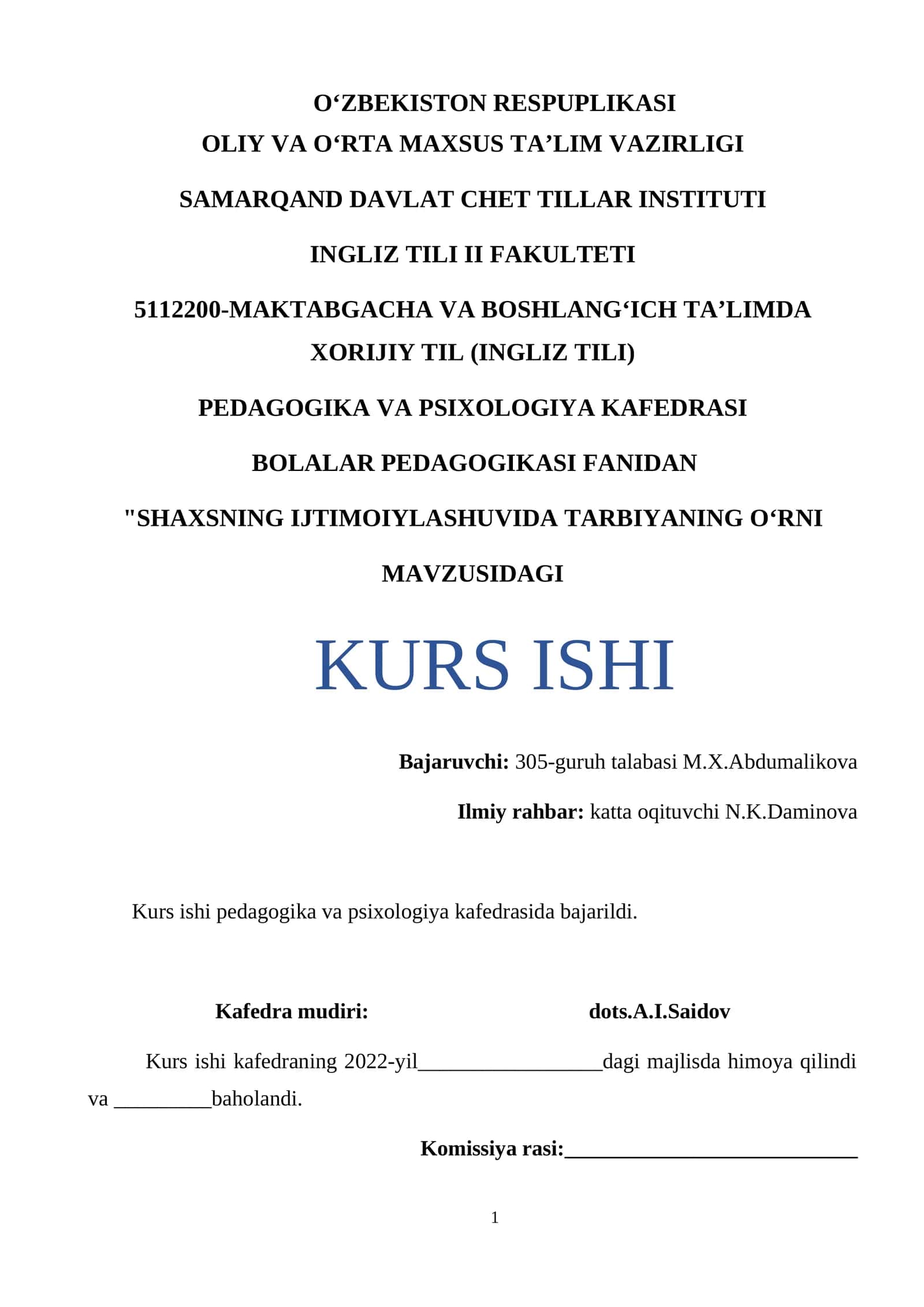 "SHAXSNING IJTIMOIYLASHUVIDA TARBIYANING O‘RNI" 1