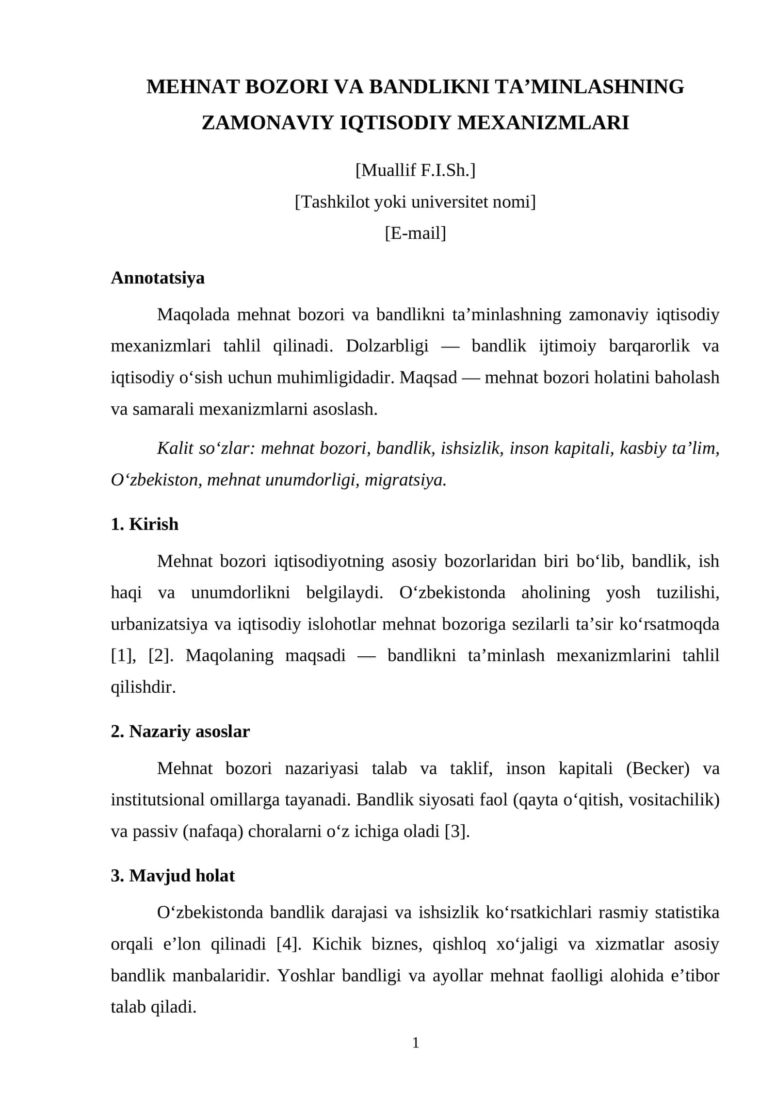 MEHNAT BOZORI VA BANDLIKNI TA’MINLASHNING ZAMONAVIY IQTISODIY MEXANIZMLARI 1
