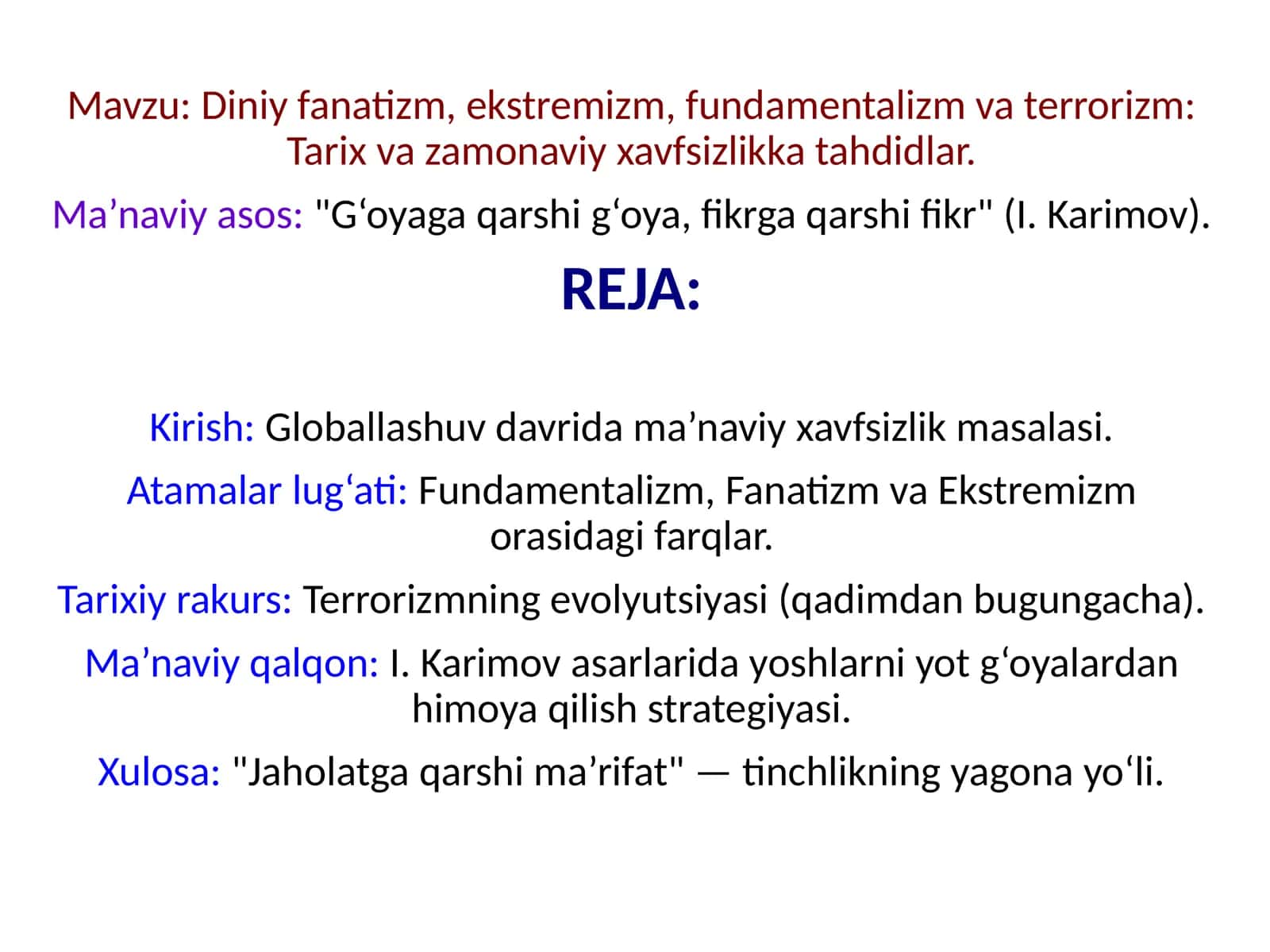 Diniy fanatizm, ekstremizm, fundamentalizm va terrorizm: Tarix va zamonaviy xavfsizlikka tahdidlar. 1