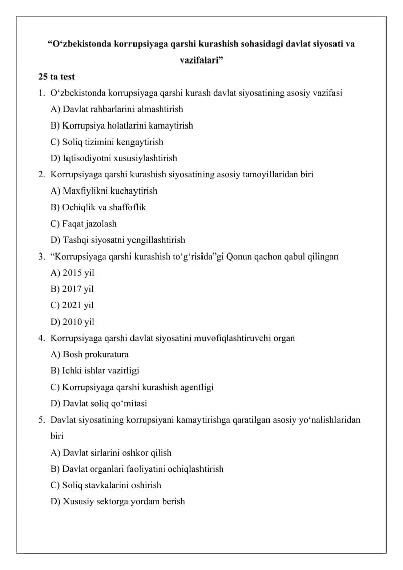 O‘zbekistonda korrupsiyaga qarshi kurashish sohasidagi davlat siyosati va vazifalari 1