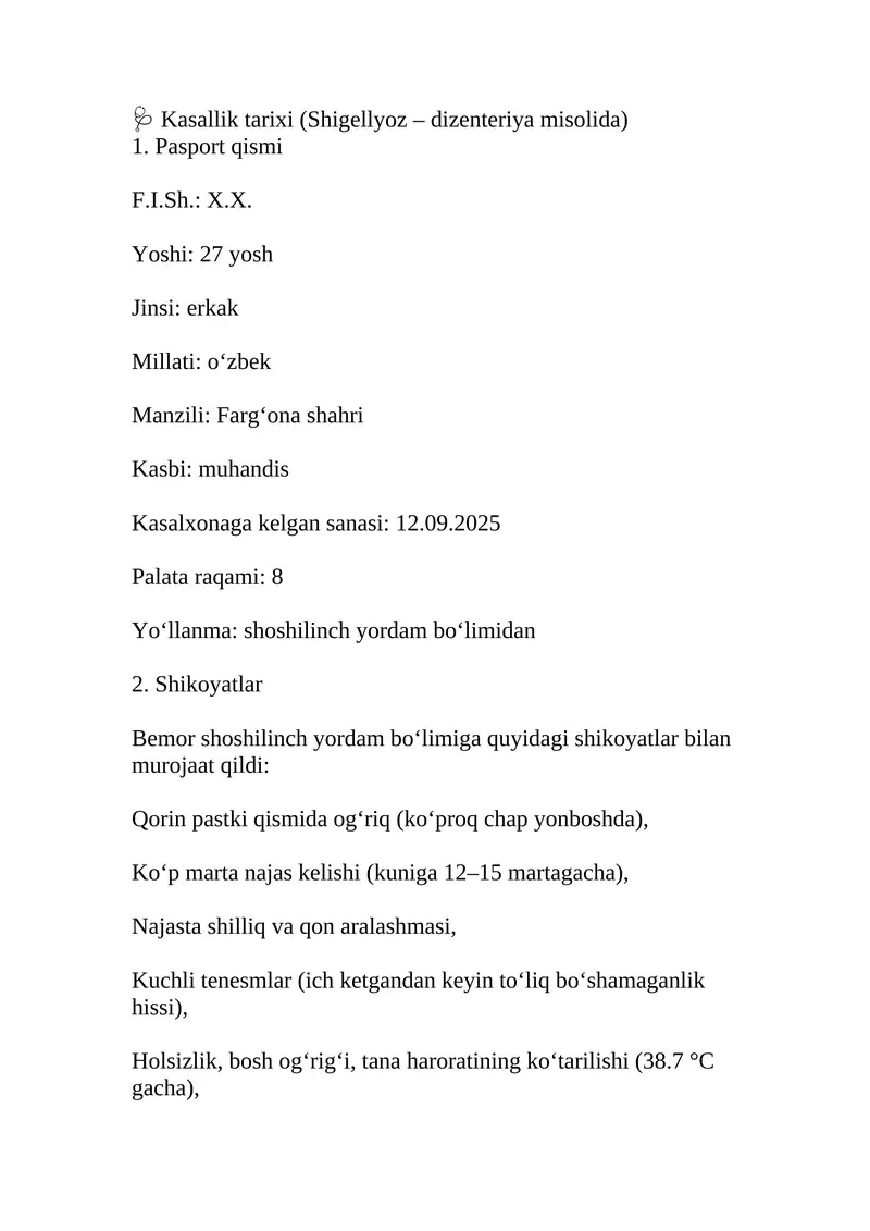 Shigelyoz kasallik tarixi 1