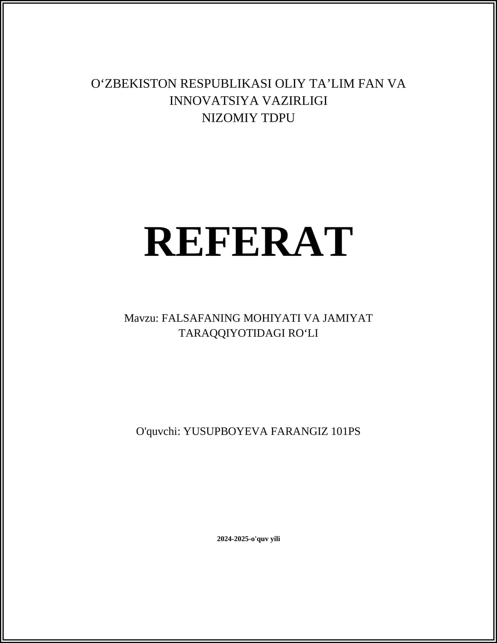 FALSAFANING MOHIYATI VA JAMIYAT TARAQQIYOTIDAGI ROʻLI 1