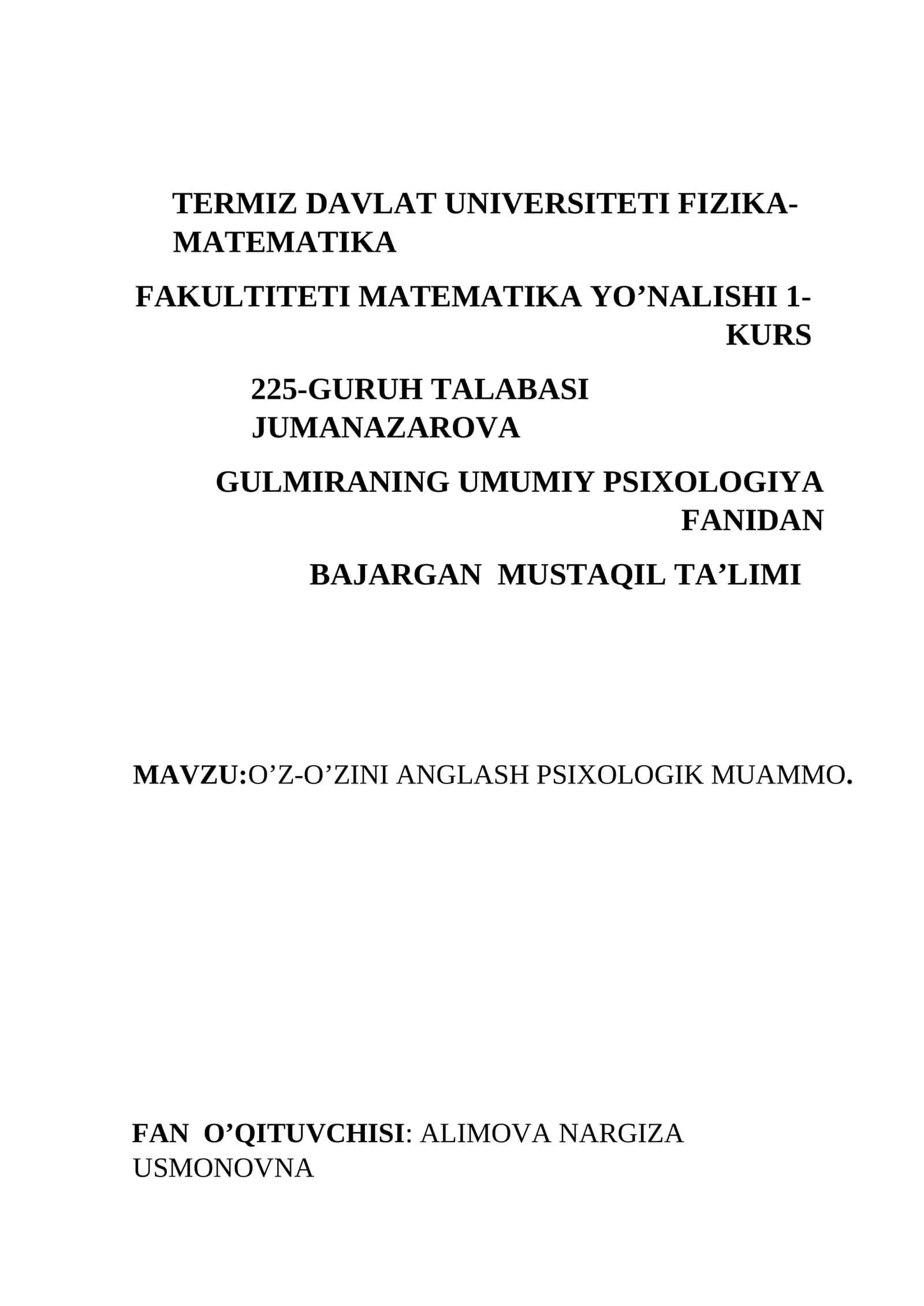 O’Z-O’ZINI ANGLASH PSIXOLOGIK MUAMMO 1