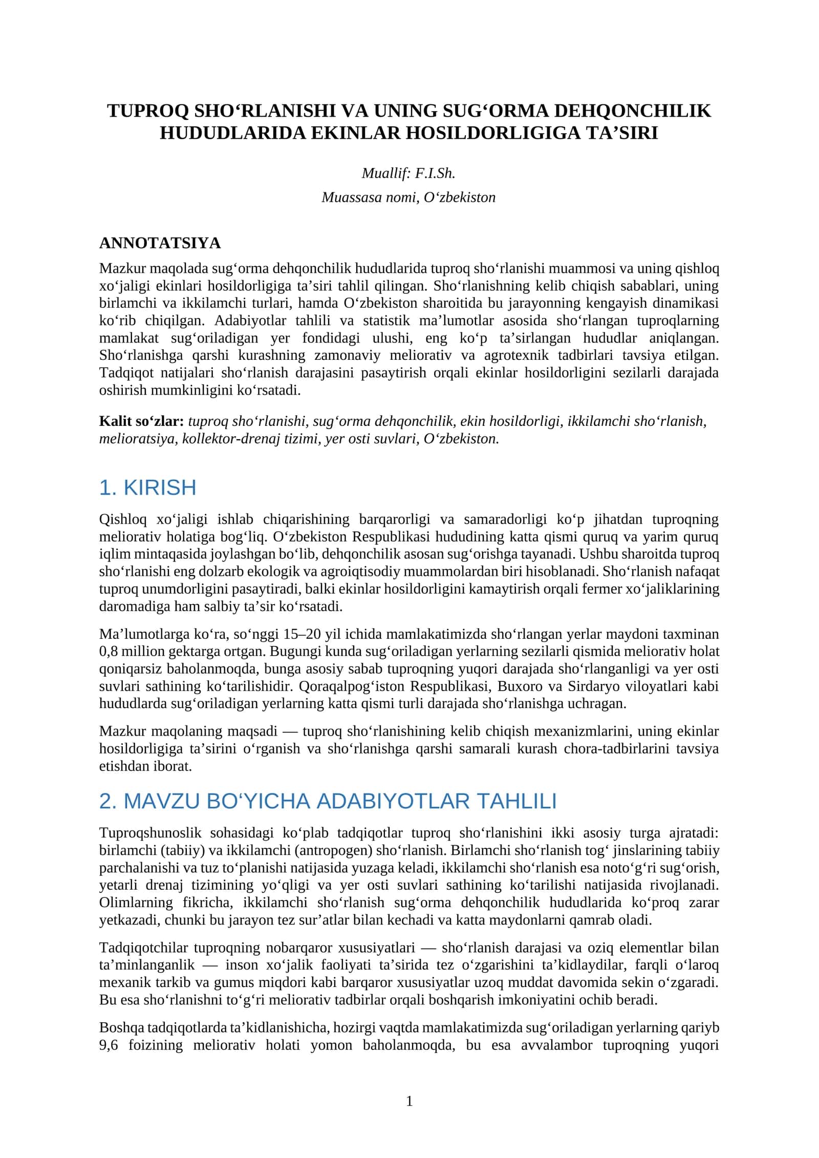 TUPROQ SHO‘RLANISHI VA UNING SUG‘ORMA DEHQONCHILIK HUDUDLARIDA EKINLAR HOSILDORLIGIGA TA’SIRI 1