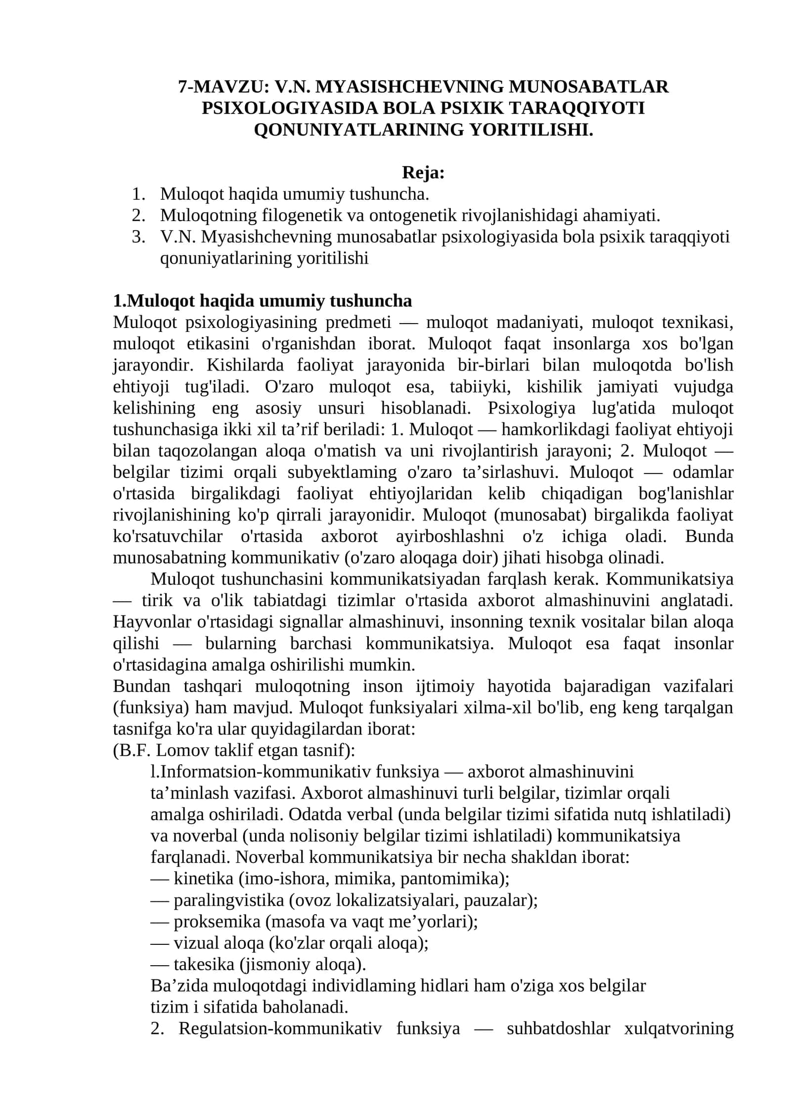 V.N. MYASISHCHEVNING MUNOSABATLAR PSIXOLOGIYASIDA BOLA PSIXIK TARAQQIYOTI QONUNIYATLARINING YORITILISHI 1