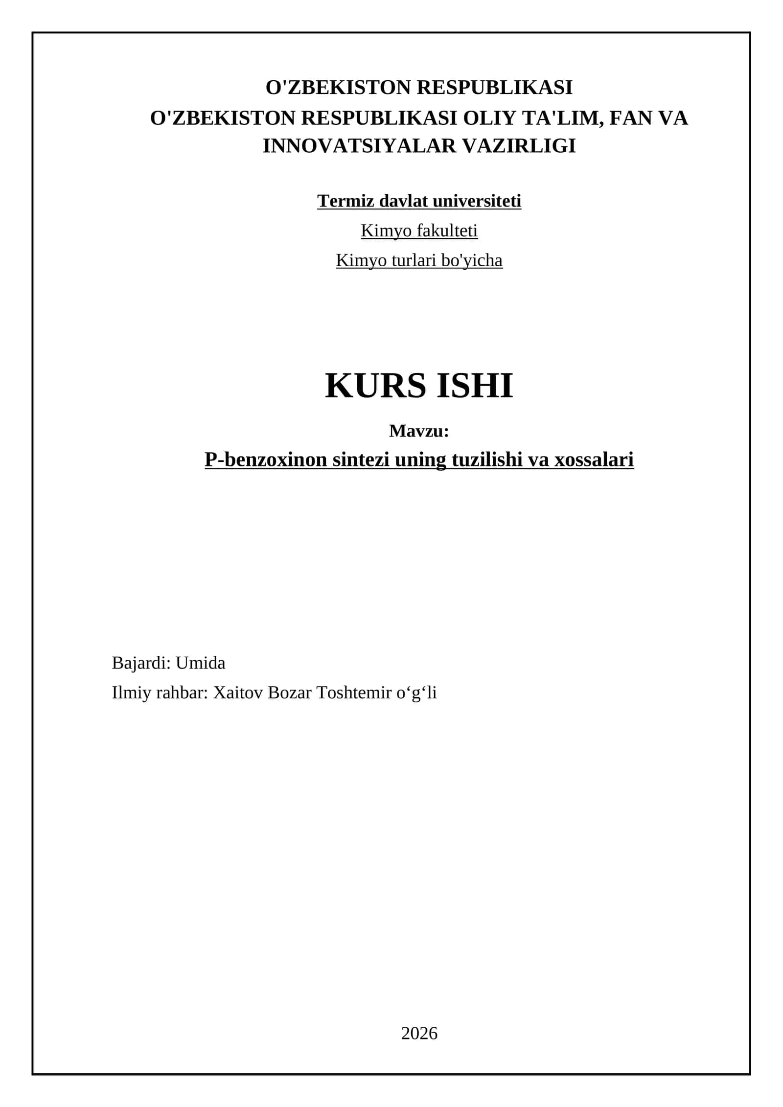 P-benzoxinon sintezi uning tuzilishi va xossalari 1
