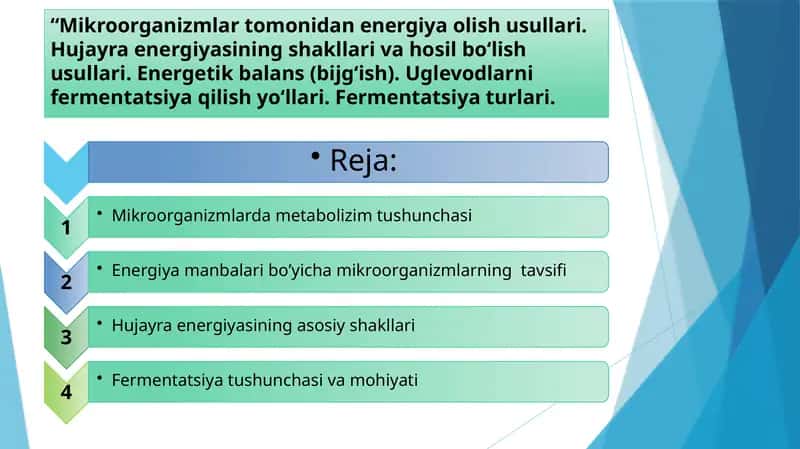 “Mikroorganizmlar tomonidan energiya olish usullari. Hujayra energiyasining shakllari va hosil bo‘lish usullari. Energetik balans (bijg‘ish). Uglevodlarni fermentatsiya qilish yo‘llari. Fermentatsiya turlari. 1
