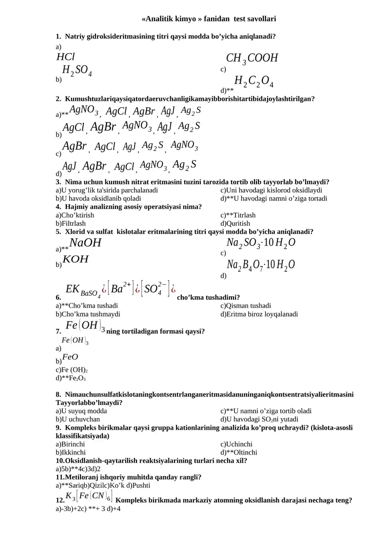 Analitik kimyo fanidan test savollari 1